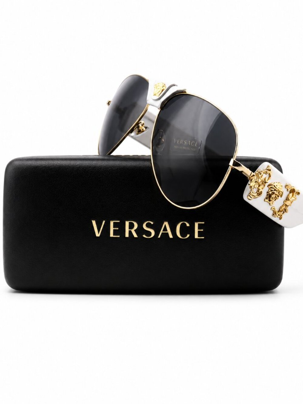 Versace VE2150Q 1341/87 Aviator Sunglasses White Leather Gold Medusa